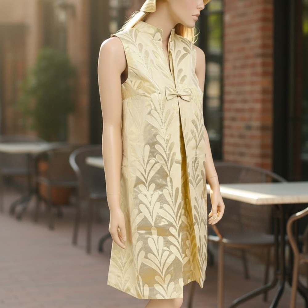 Frances Valentine Gold Metalic Shift Dress XS  Sleeveless Bow Front Jacquard - Picture 3 of 12
